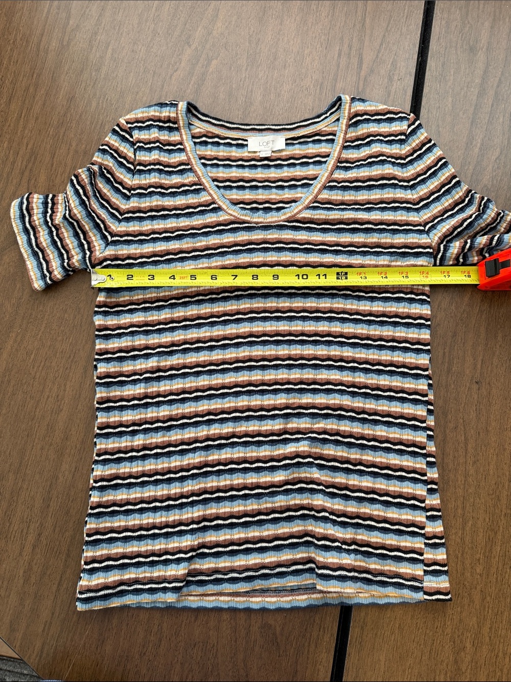 LOFT Multistripe Ribbed Short Sleeve Tee in Blue, Black, Tan